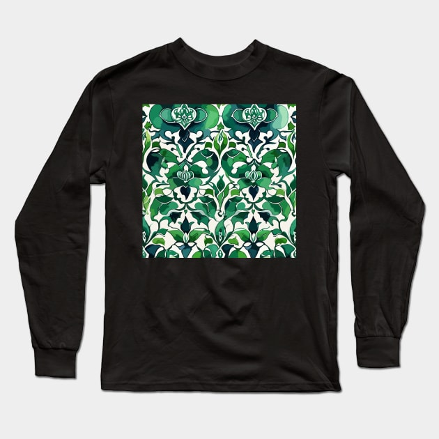 Green Ottoman Pattern on White Long Sleeve T-Shirt by Siha Arts